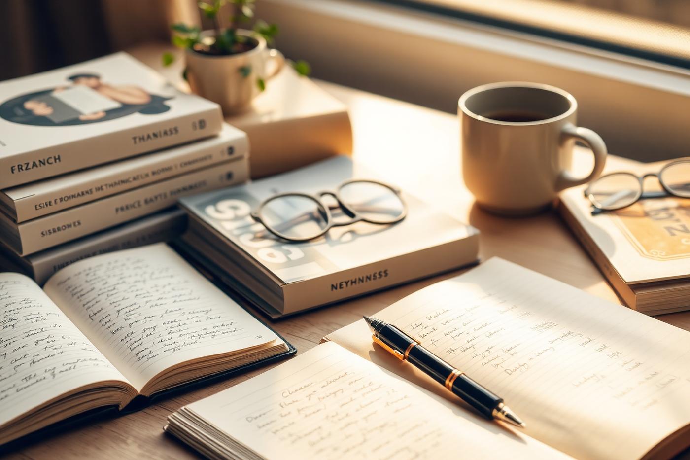 Livres empilés et pages manuscrites sur un bureau